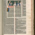 Incunable 41 f° 1 Recueil de droit canon du pape Boniface VIII – Miniature représentant la lactation de Saint Bernard peinte sur la première page de l’ouvrage imprimé à la fin du 15e siècle. © Médiathèque du Grand Troyes 
